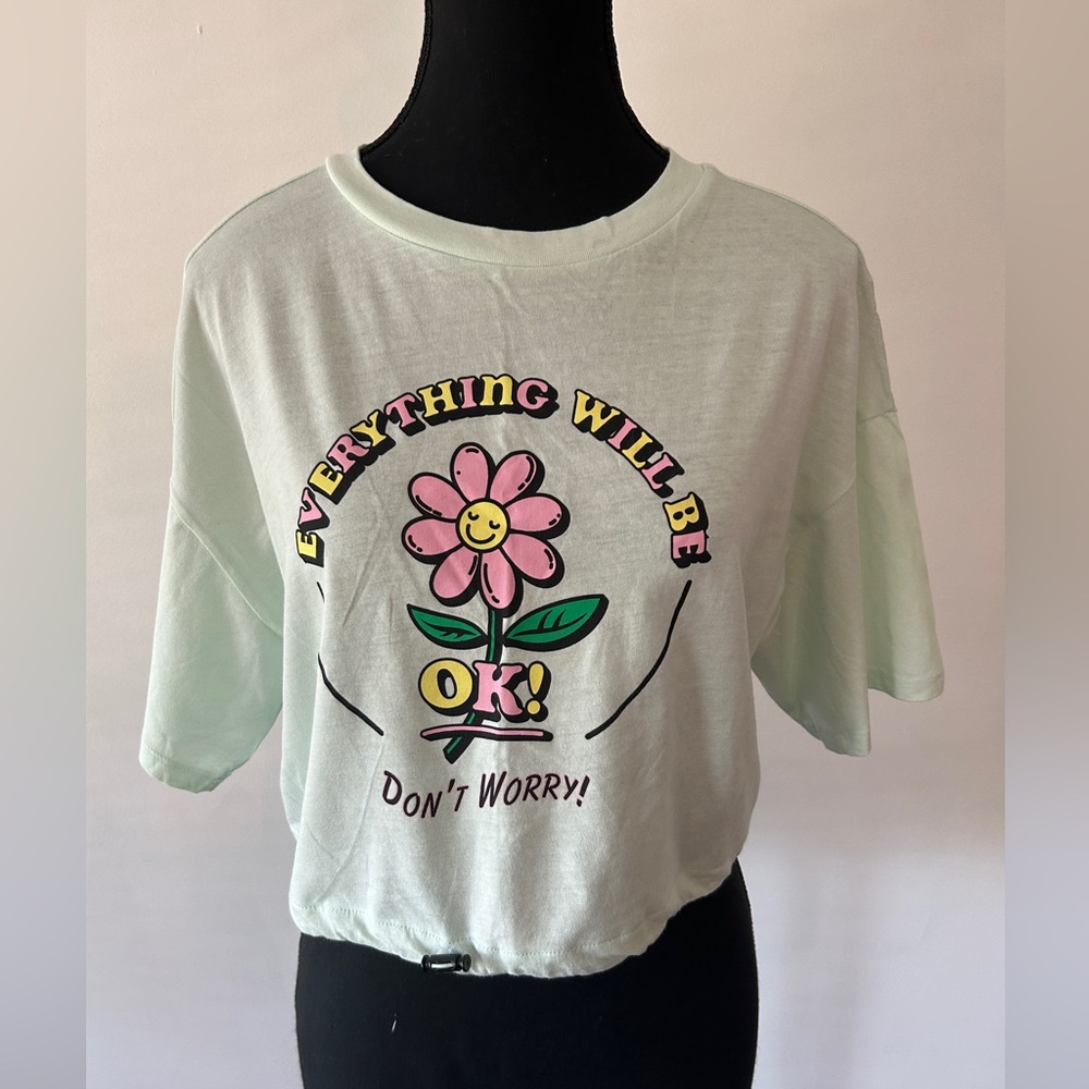 H&M Light Green Graphic Tee with Flower Design
